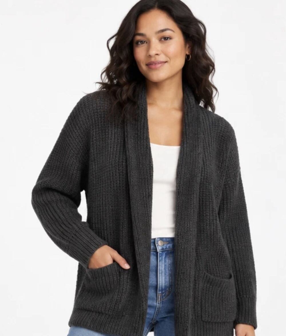 Time and Tru Womens Fuzzy Cardigan Size XS 0-2 Black Open Front Pocket Cozy